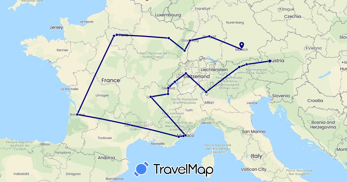 TravelMap itinerary: driving in Austria, Switzerland, Germany, France, Monaco (Europe)