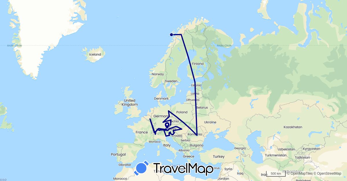 TravelMap itinerary: driving in Austria, Belgium, Switzerland, Czech Republic, Germany, Estonia, Hungary, Italy, Liechtenstein, Norway, Poland, Romania, Sweden, Slovenia, Slovakia (Europe)