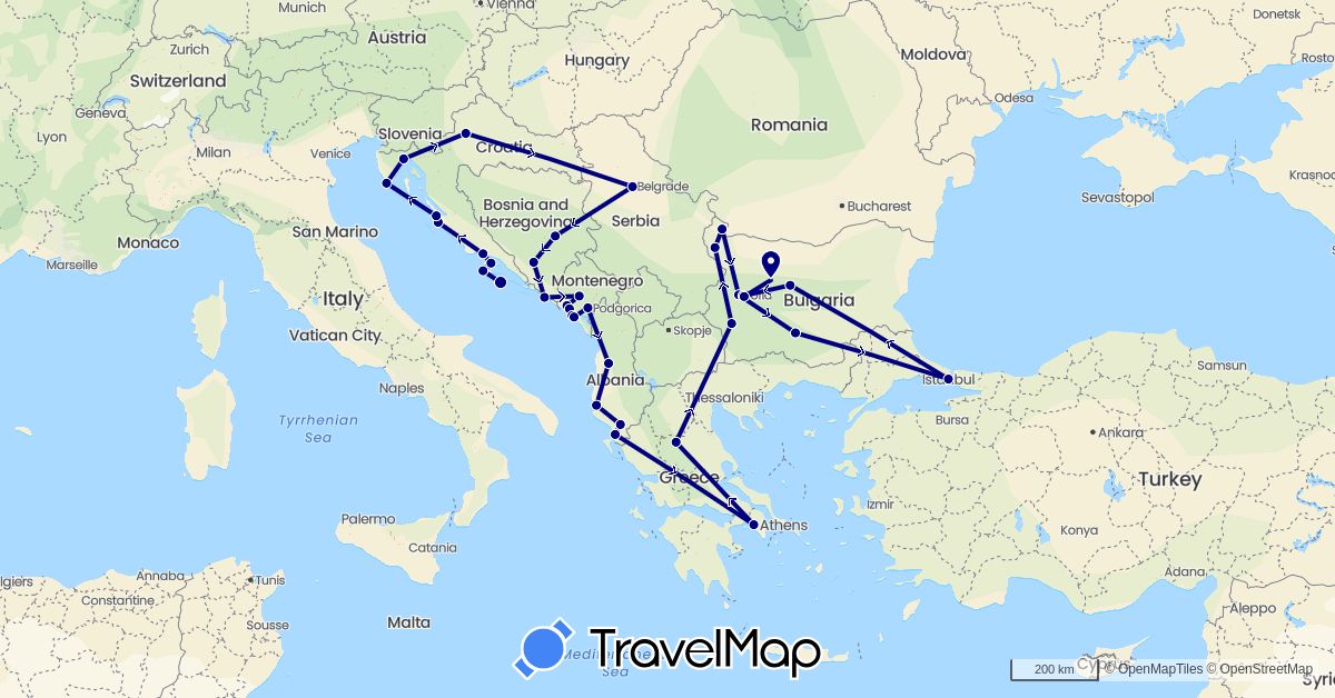 TravelMap itinerary: driving in Albania, Bosnia and Herzegovina, Bulgaria, Greece, Croatia, Montenegro, Serbia, Turkey (Asia, Europe)