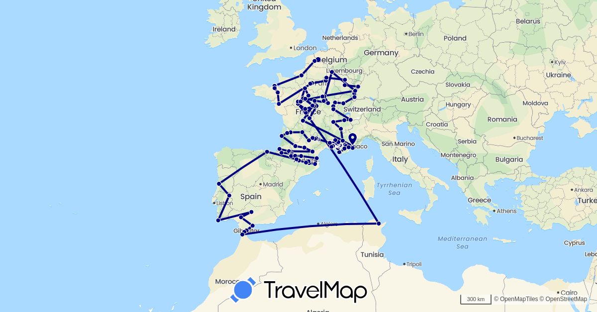 TravelMap itinerary: driving in Spain, France, Gibraltar, Morocco, Portugal, Tunisia (Africa, Europe)