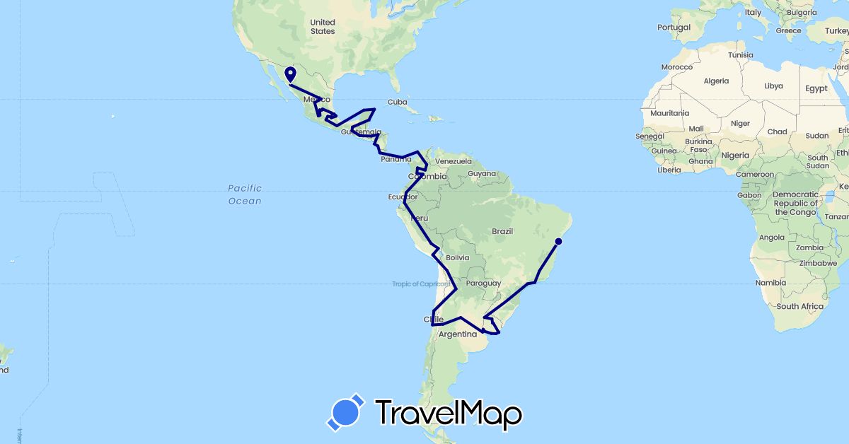 TravelMap itinerary: driving in Argentina, Bolivia, Brazil, Chile, Colombia, Costa Rica, Ecuador, Guatemala, Honduras, Mexico, Nicaragua, Panama, Peru, Uruguay (North America, South America)